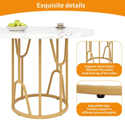 Table à Manger Ronde - Effet Marbre - Structure Métal Doré - 4 à 6 Personnes - Mdf - Blanc + Doré