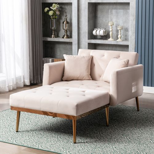 Fauteuil Convertible En Velours Avec Dossier Réglable, Rembourrage Mousse,mdf, Beige