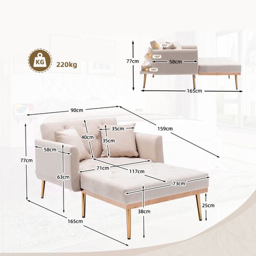 Fauteuil Convertible En Velours Avec Dossier Réglable, Rembourrage Mousse,mdf, Beige