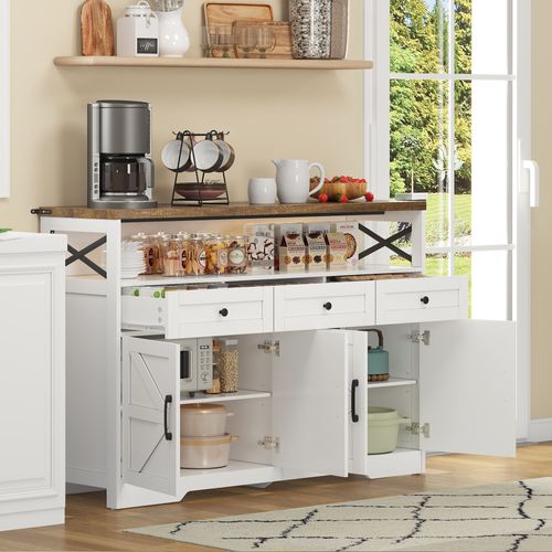 Buffet De Rangement - 3 Tiroirs - Portes - Étagères - Style Campagne - Meuble Pratique - Blanc