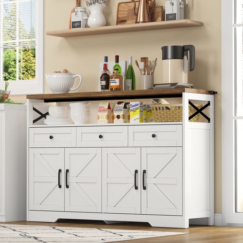 Buffet De Rangement - 3 Tiroirs - Portes - Étagères - Style Campagne - Meuble Pratique - Blanc