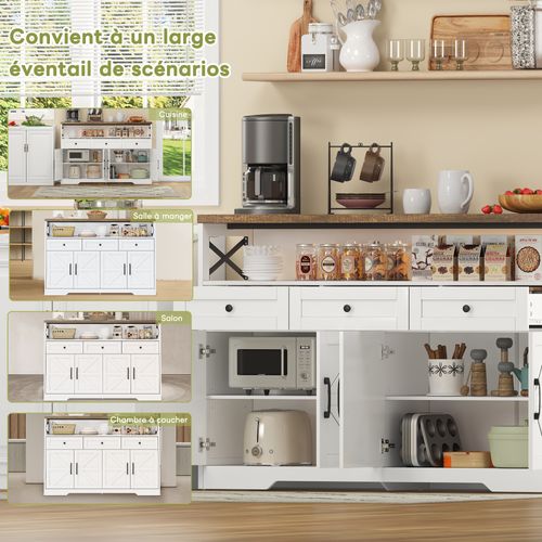 Buffet De Rangement - 3 Tiroirs - Portes - Étagères - Style Campagne - Meuble Pratique - Blanc