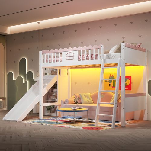 Lit Mezzanine 90x200 Cm - Lit Enfant Avec Toboggan - Étagère - Lumière LED - Blanc