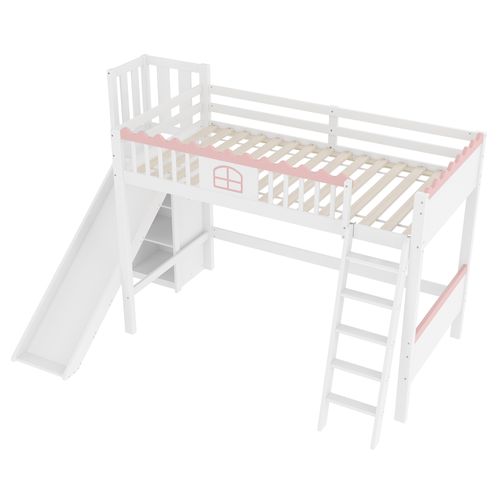 Lit Mezzanine 90x200 Cm - Lit Enfant Avec Toboggan - Étagère - Lumière LED - Blanc