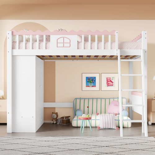 Lit Mezzanine 90x200 Cm - Lit Déco Avec Tiroir Et Penderie - Lumière LED Télécommandée - Mdf - Blanc