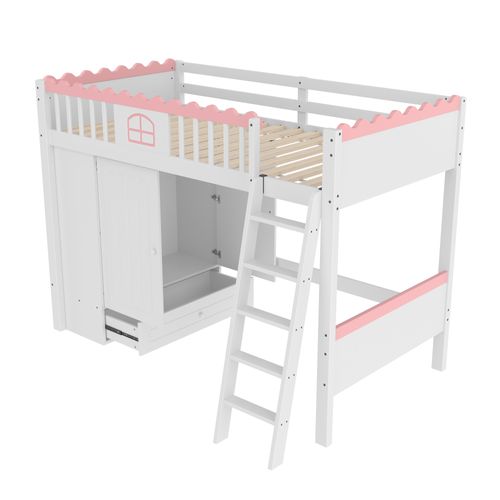 Lit Mezzanine 90x200 Cm - Lit Déco Avec Tiroir Et Penderie - Lumière LED Télécommandée - Mdf - Blanc