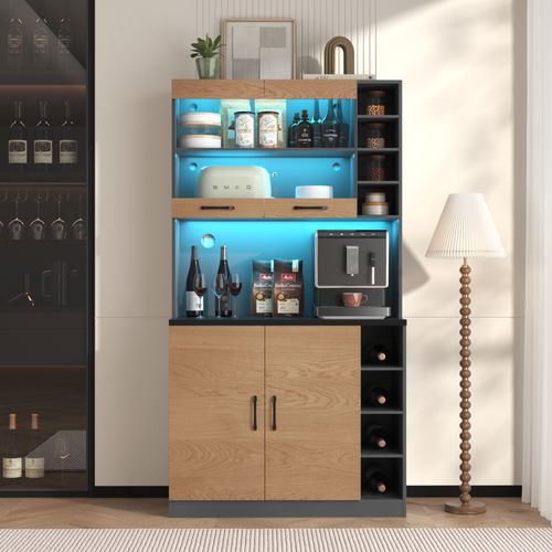 Buffet Haut De Cuisine - Éclairage LED - Rangements - Meuble Indépendant - Naturel + Noir