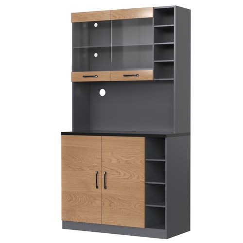 Buffet Haut De Cuisine - Éclairage LED - Rangements - Meuble Indépendant - Naturel + Noir