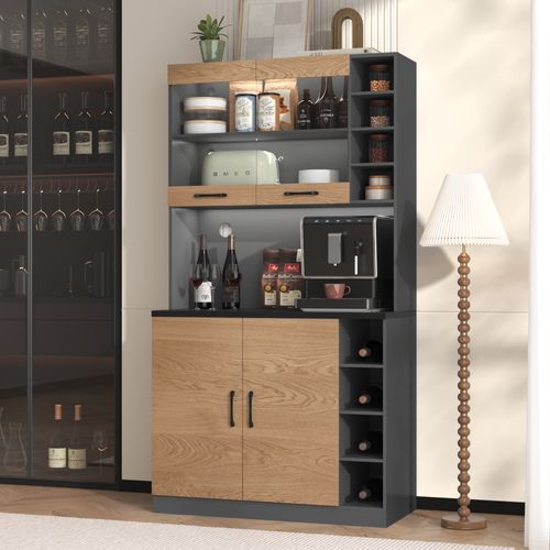 Buffet Haut De Cuisine - Éclairage LED - Rangements - Meuble Indépendant - Naturel + Noir