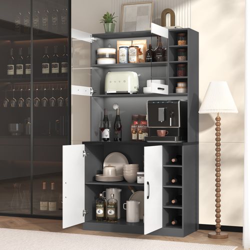 Buffet Haut De Cuisine - Meuble Indépendant - Éclairage LED - Passage De Câbles - Bois -blanc + Noir