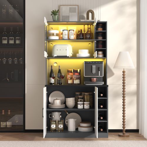 Buffet Haut De Cuisine - Meuble Indépendant - Éclairage LED - Passage De Câbles - Bois -blanc + Noir