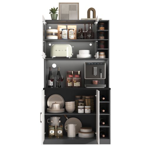 Buffet Haut De Cuisine - Meuble Indépendant - Éclairage LED - Passage De Câbles - Bois -blanc + Noir