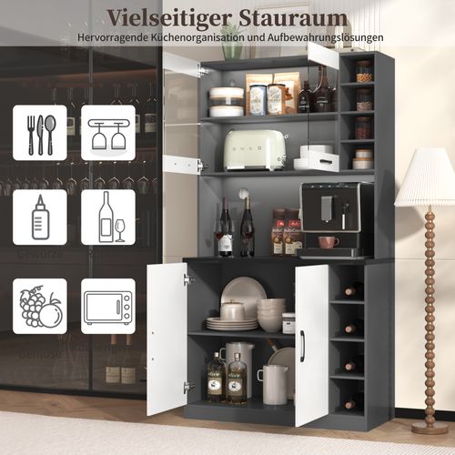 Buffet Haut De Cuisine - Meuble Indépendant - Éclairage LED - Passage De Câbles - Bois -blanc + Noir