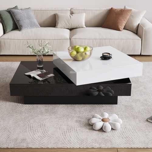 Table Basse - Meubles Moderne Avec Plateau Rotatif Et Double Niveau - Mdf - Blanc Et Noir