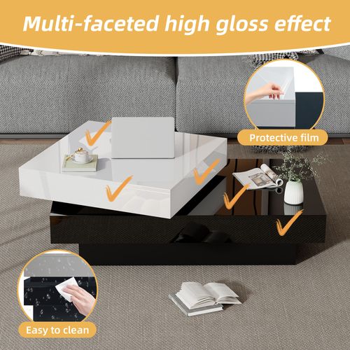 Table Basse - Meubles Moderne Avec Plateau Rotatif Et Double Niveau - Mdf - Blanc Et Noir