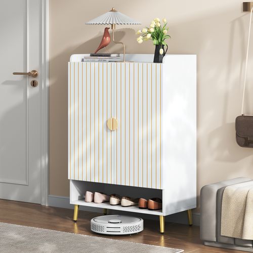 Meuble à Chaussures Blanc Avec 2 Portes, Armoire à Chaussures Avec 3 Niveaux Et Tiroir Ouvert