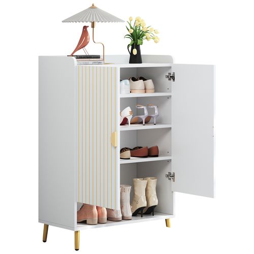 Meuble à Chaussures Blanc Avec 2 Portes, Armoire à Chaussures Avec 3 Niveaux Et Tiroir Ouvert