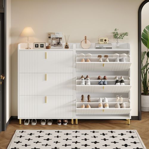 Meuble à Chaussures - Lot De 2 - 3 Abattants Réglables - Meubles D’entrée Pratiques - Mdf - Blanc