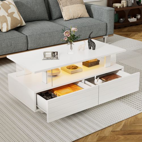 Table Basse Avec Tiroirs Et LED App, Design Acrylique, Blanc, 100×50×42,5 Cm