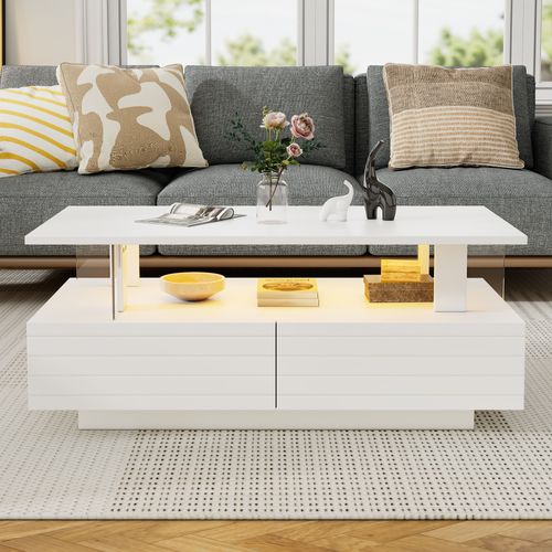 Table Basse Avec Tiroirs Et LED App, Design Acrylique, Blanc, 100×50×42,5 Cm