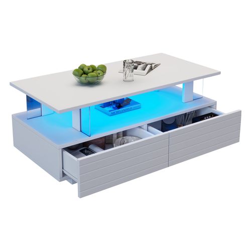 Table Basse Avec Tiroirs Et LED App, Design Acrylique, Blanc, 100×50×42,5 Cm