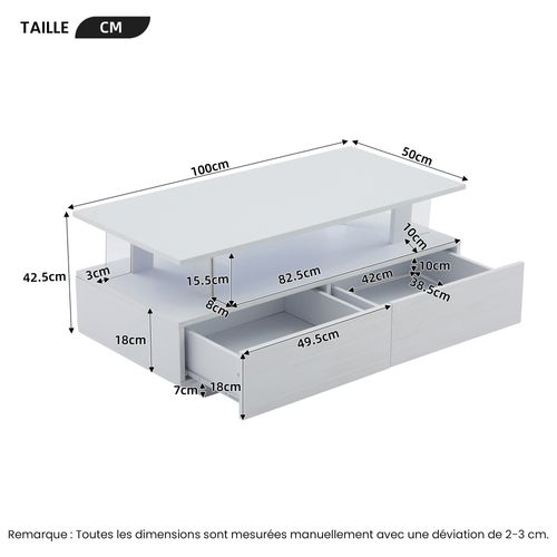 Table Basse Avec Tiroirs Et LED App, Design Acrylique, Blanc, 100×50×42,5 Cm