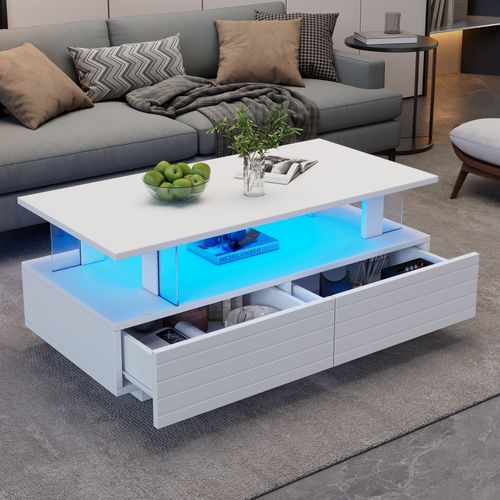 Table Basse Avec Tiroirs Et LED App, Design Acrylique, Blanc, 100×50×42,5 Cm