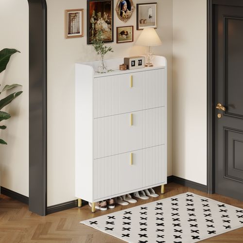 Meuble à Chaussures 3 Abattants - 6 Compartiments - Rangement Optimisé - Mdf - Blanc