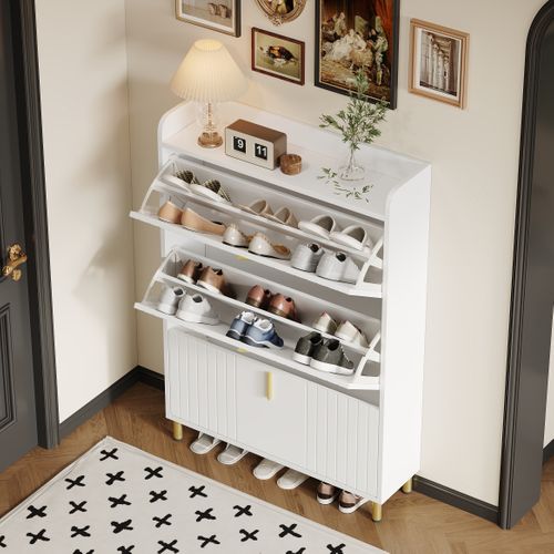 Meuble à Chaussures 3 Abattants - 6 Compartiments - Rangement Optimisé - Mdf - Blanc