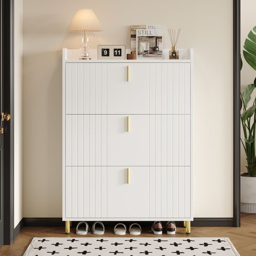 Meuble à Chaussures 3 Abattants - 6 Compartiments - Rangement Optimisé - Mdf - Blanc