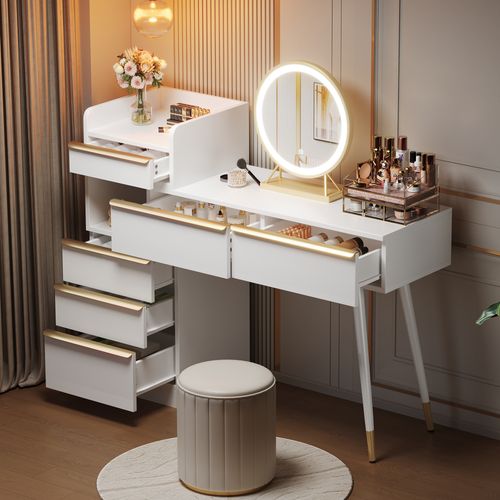 Coiffeuse Avec Miroir Lumineux, Table Maquillage Contemporaine 2 Tiroirs, Meuble Gain De Place