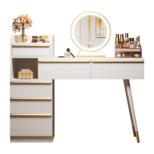 Coiffeuse Avec Miroir Lumineux, Table Maquillage Contemporaine 2 Tiroirs, Meuble Gain De Place