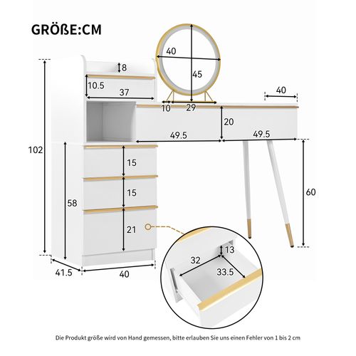 Coiffeuse Avec Miroir Lumineux, Table Maquillage Contemporaine 2 Tiroirs, Meuble Gain De Place