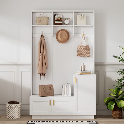 Meuble D'entrée Vestiaire Avec Banc, 3 Patères, 3 Portes Et Étagère, Panneau Et Métal, Blanc