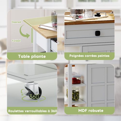 Îlot De Cuisine Mobile - Plan Rabattable - 2 Tiroirs - Roulettes - Mdf - Blanc Et Bois Naturel