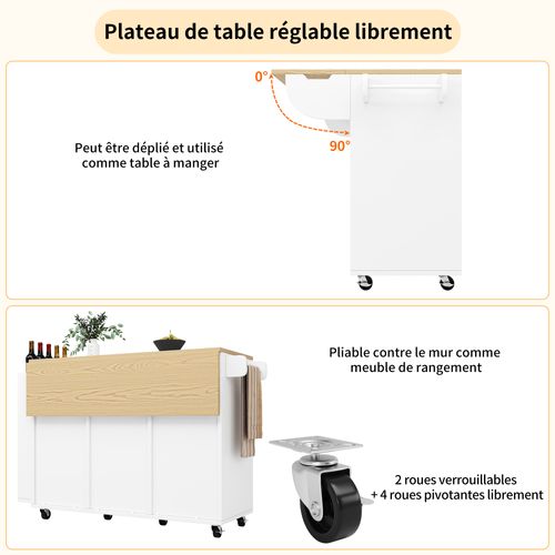 Îlot De Cuisine Sur Roulettes - 3 Tiroirs - 2 Portes Coulissantes - Meuble De Rangement - Mdf Blanc