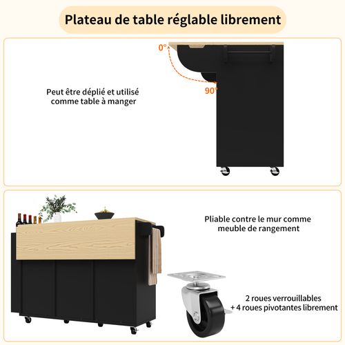 Îlot De Cuisine - Chariot Tiroirs Portes Coulissantes - Plan De Travail Étagère Épices - Mdf - Noir