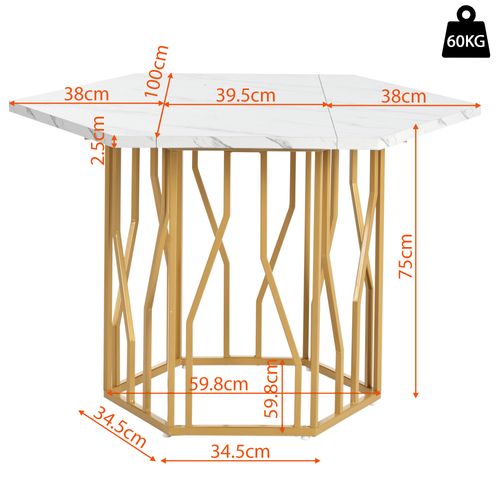 Table à Manger - Plateau Blanc Effet Marbre - Structure Métallique Dorée - Métal - Blanc