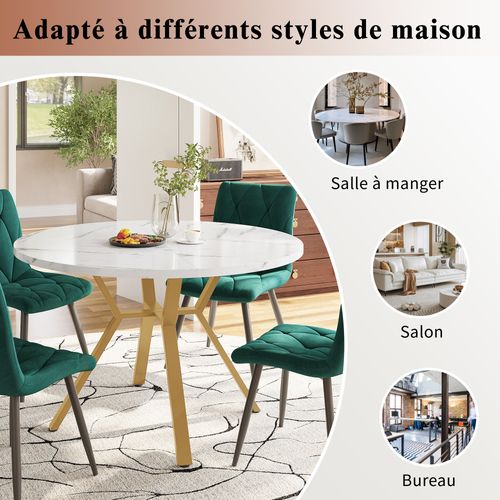 Table à Manger Ronde - Plateau Effet Marbre - Pieds Métal Doré - Design Moderne - Mdf - Blanc