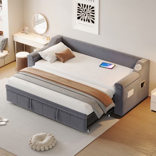 Lit Gigogne 90x190 Cm - Velours Gris - Bluetooth - USB - Rangement Intégré - Canapé Multifonction