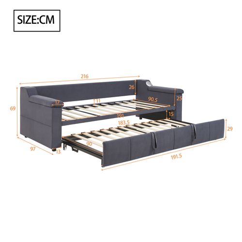 Lit Gigogne 90x190 Cm - Velours Gris - Bluetooth - USB - Rangement Intégré - Canapé Multifonction