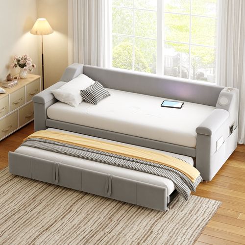 Lit Gigogne 90/180x190 - Port USB - Accoudoirs Larges - Système Audio Bluetooth - Velours Gris Clair