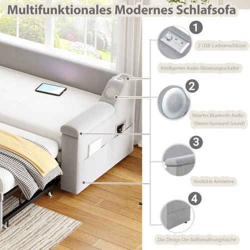 Lit Gigogne 90/180x190 - Port USB - Accoudoirs Larges - Système Audio Bluetooth - Velours Gris Clair