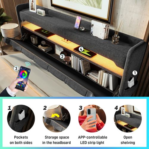 Lit Coffre 180x200 Cm - LED Et USB Type-c - Lit Double Capitonné Moderne - Lin - Gris