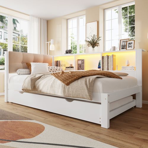 Lit Gigogne 90x200 - Lit 2 Couchages - Lit Tiroir Et Étagère De Rangement - LED Et USB - Mdf - Blanc