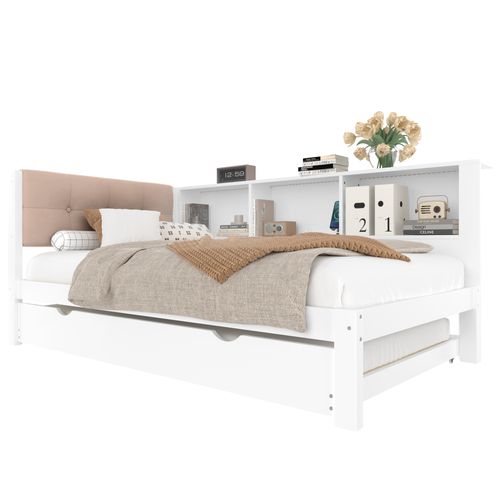 Lit Gigogne 90x200 - Lit 2 Couchages - Lit Tiroir Et Étagère De Rangement - LED Et USB - Mdf - Blanc