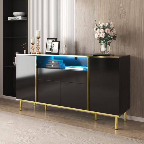 Buffet Moderne Avec Tiroir Et Éclairage LED - Structure Mdf Et Panneaux De Particules - Noir Laqué