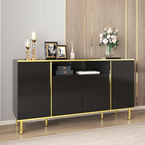 Buffet Moderne Avec Tiroir Et Éclairage LED - Structure Mdf Et Panneaux De Particules - Noir Laqué