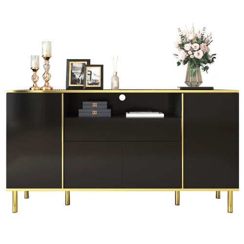 Buffet Moderne Avec Tiroir Et Éclairage LED - Structure Mdf Et Panneaux De Particules - Noir Laqué