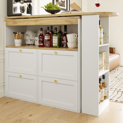 Table Bar Moderne - Pivotante 360° - 4 Tiroirs - Étagères Ouvertes - Rangement - Mdf - Blanc